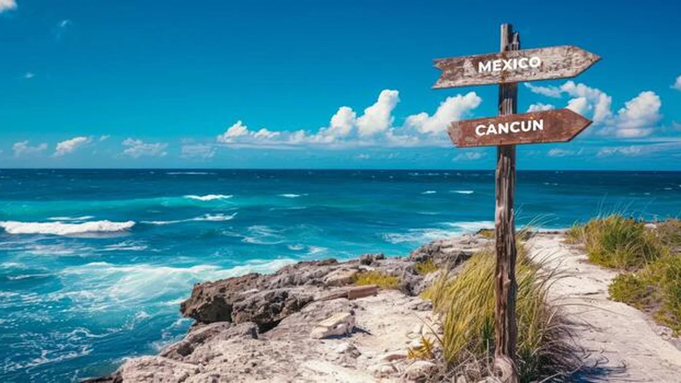 Caribbean coastline near Cancun with directional signs pointing toward Mexico and Cancun