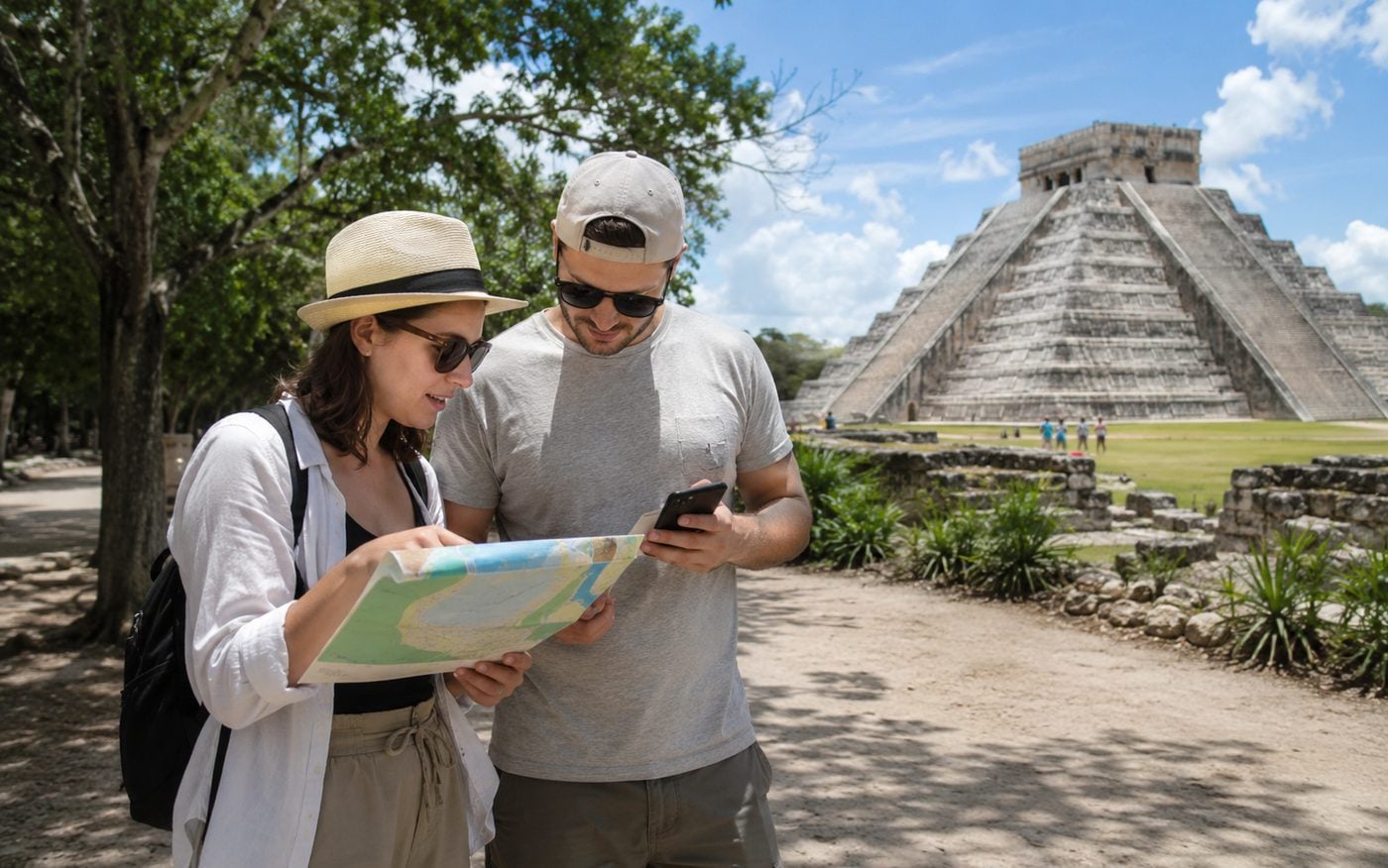 An independent traveler reviewing a site map while visiting Chichén Itzá.