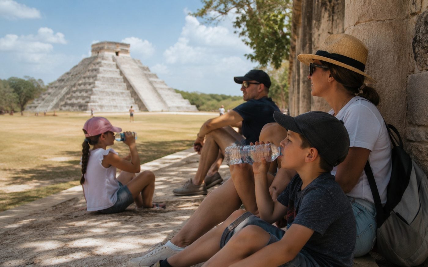 A traveler wearing a brimmed hat and breathable clothing while walking through Chichén Itzá.
