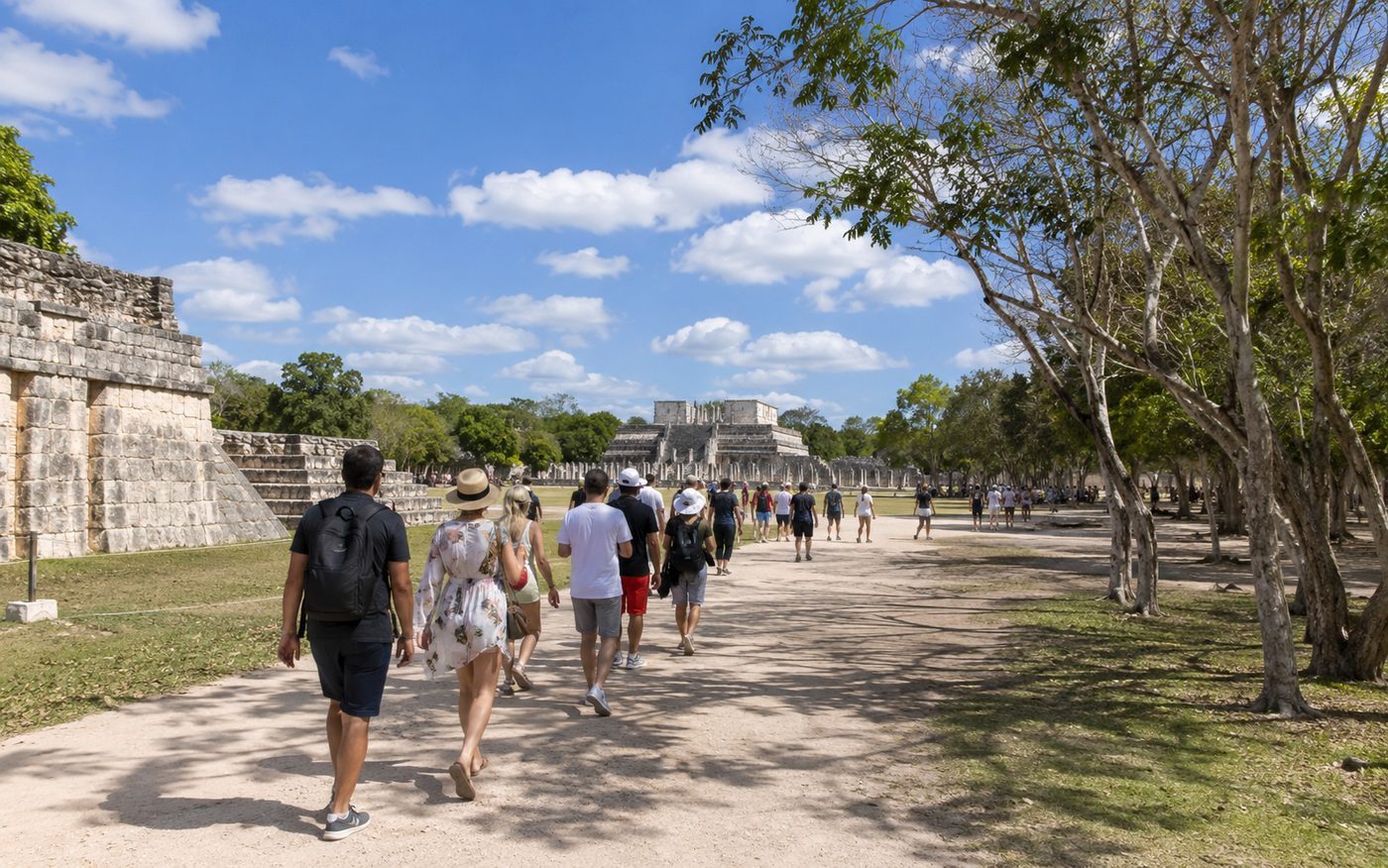 A designated walking path leading toward El Caracol and the southern architectural group at Chichén Itzá.