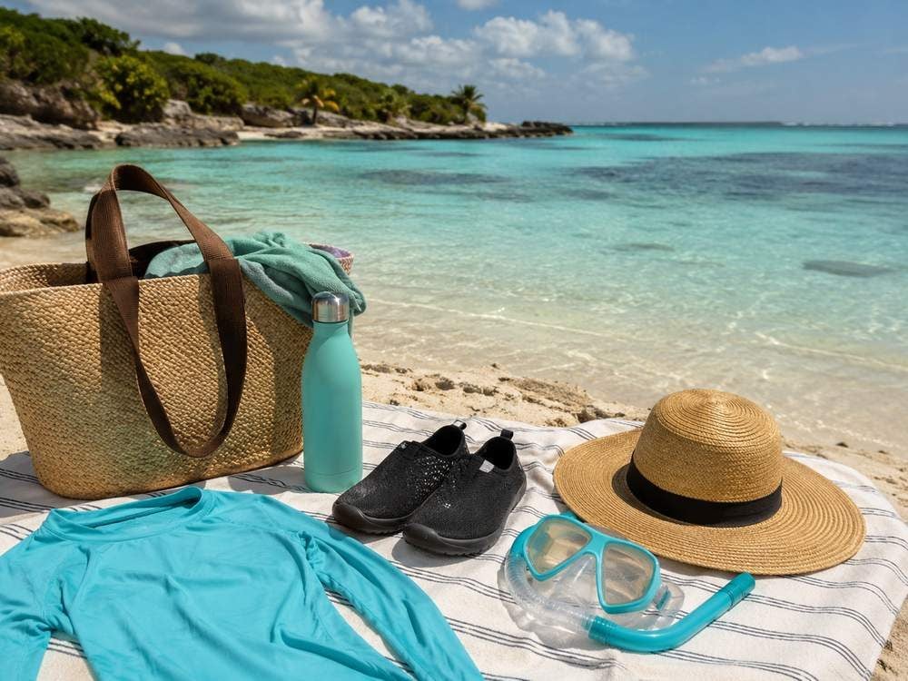 Beach bag with water shoes, rash guard, mask, reusable bottle, and hat beside turquoise water.