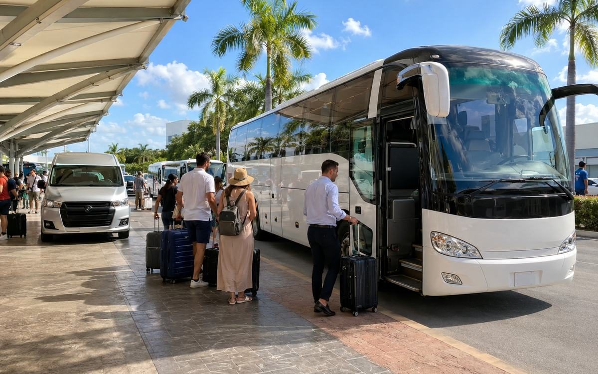 Travelers meeting transportation outside an airport terminal on a sunny day.