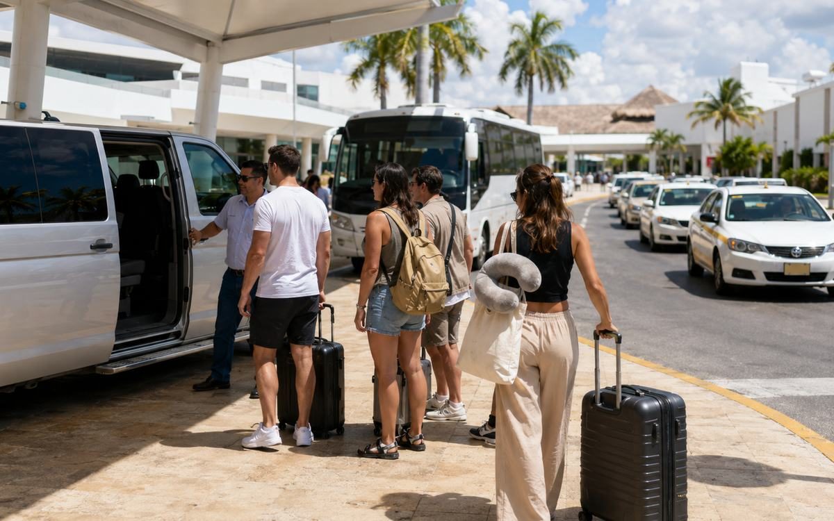 Travelers waiting with luggage near the airport curbside transportation area.