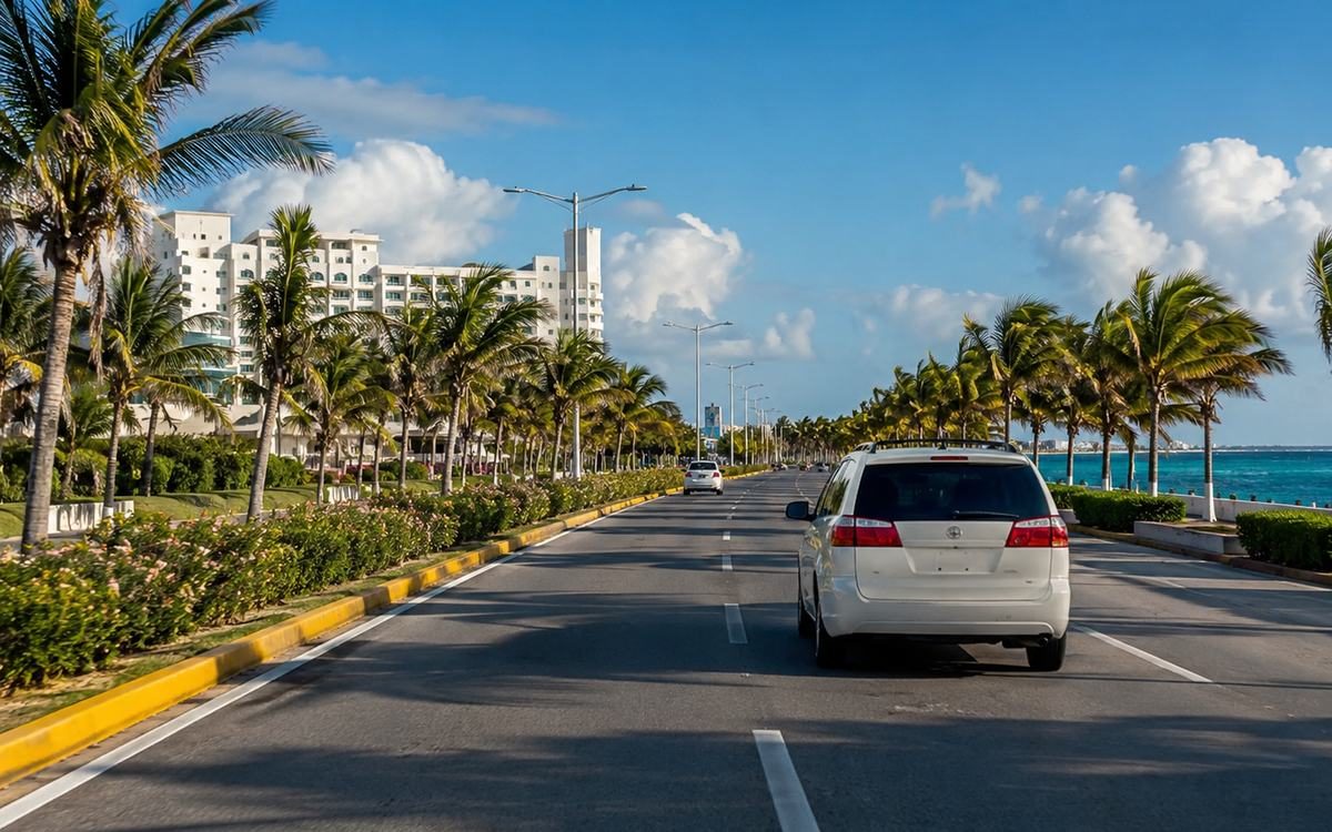A coastal boulevard leading through Cancún’s Hotel Zone with ocean views.