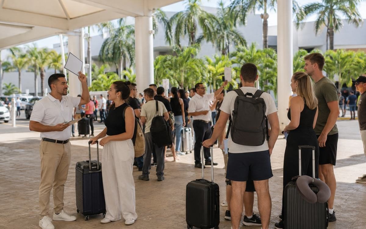 Travelers arriving at a tropical resort entrance after airport transportation.