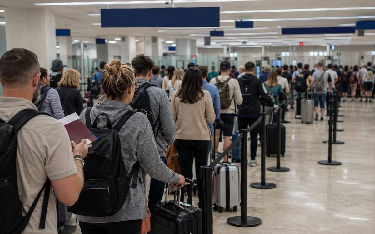 Travelers moving through an airport inspection area with carry-on bags.