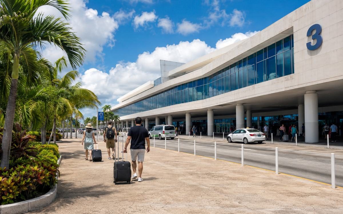 The exterior walkway of a modern tropical airport terminal with arriving travelers.