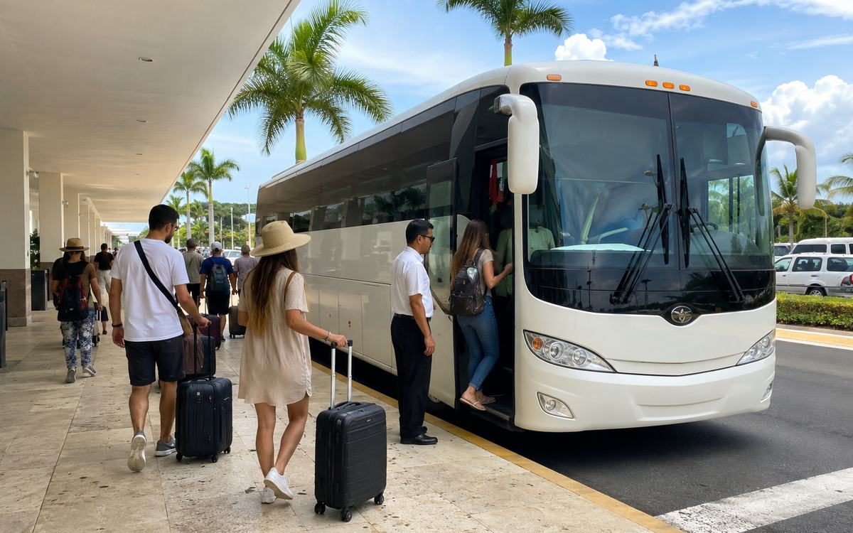 Travelers boarding a bus outside the airport terminal with luggage.