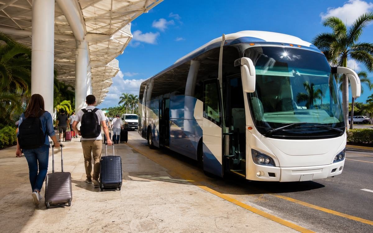 A coach-style airport transfer vehicle parked at a tropical terminal curbside.