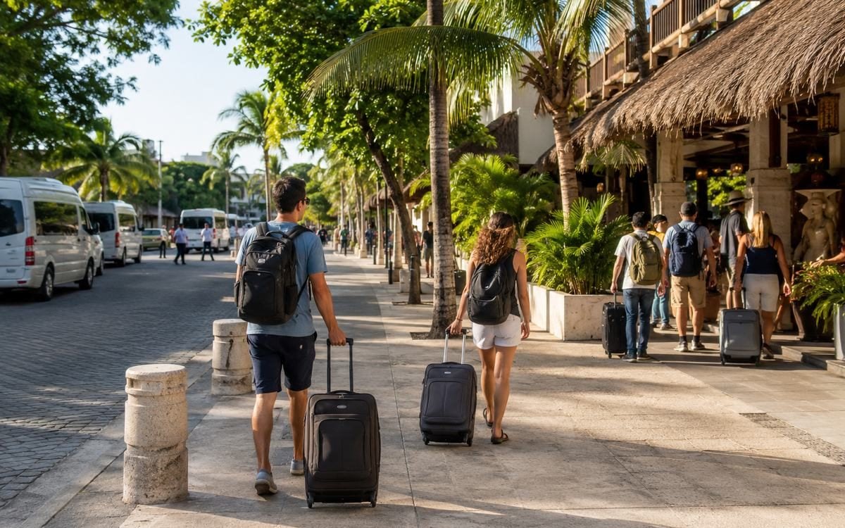 Travelers walking with luggage along a tropical resort and transportation corridor.