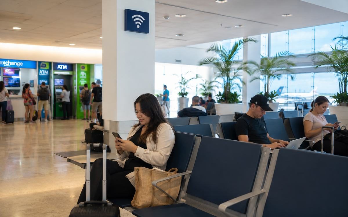 Travelers using phones in an airport waiting area near Wi-Fi and ATM services.