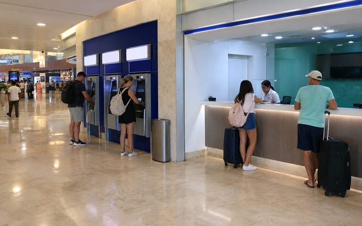 An airport services area with ATM machines and a customer-service or exchange counter.