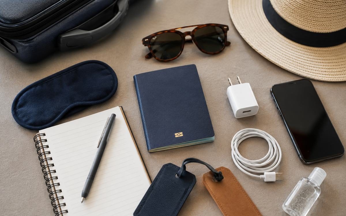 A flat lay of travel essentials including a passport cover, charger, phone, and notebook.