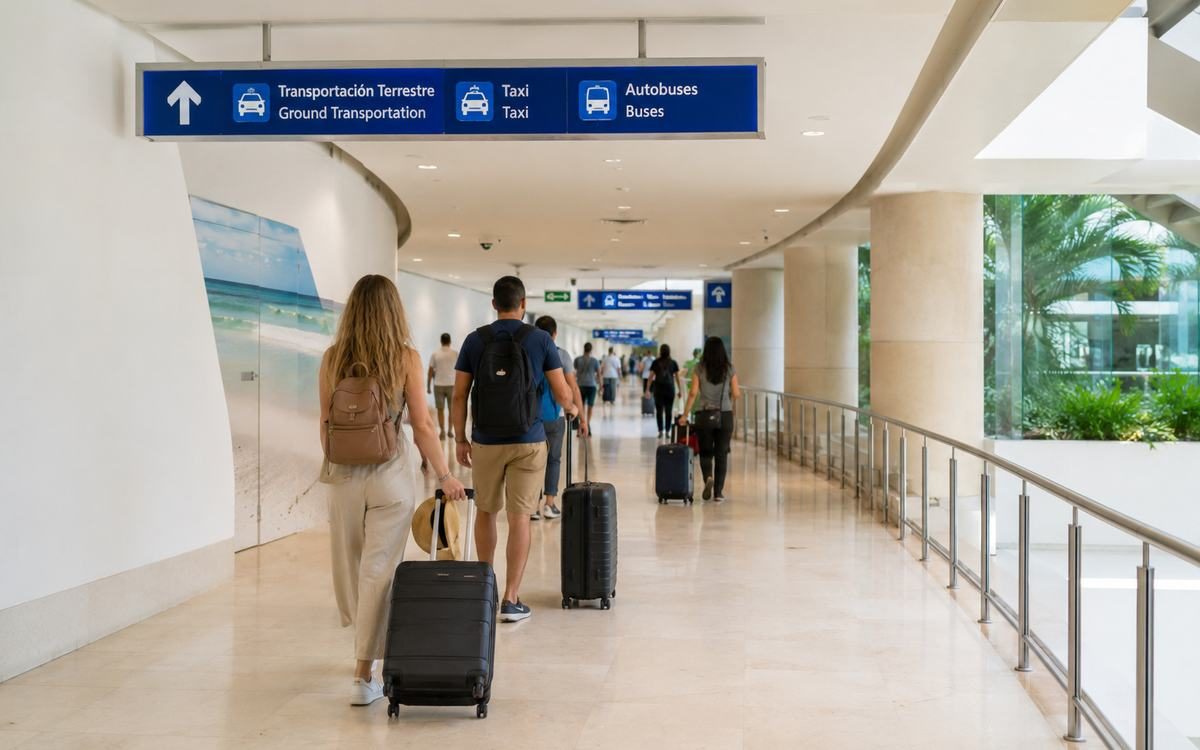 Travelers following airport signs toward ground transportation with rolling luggage.