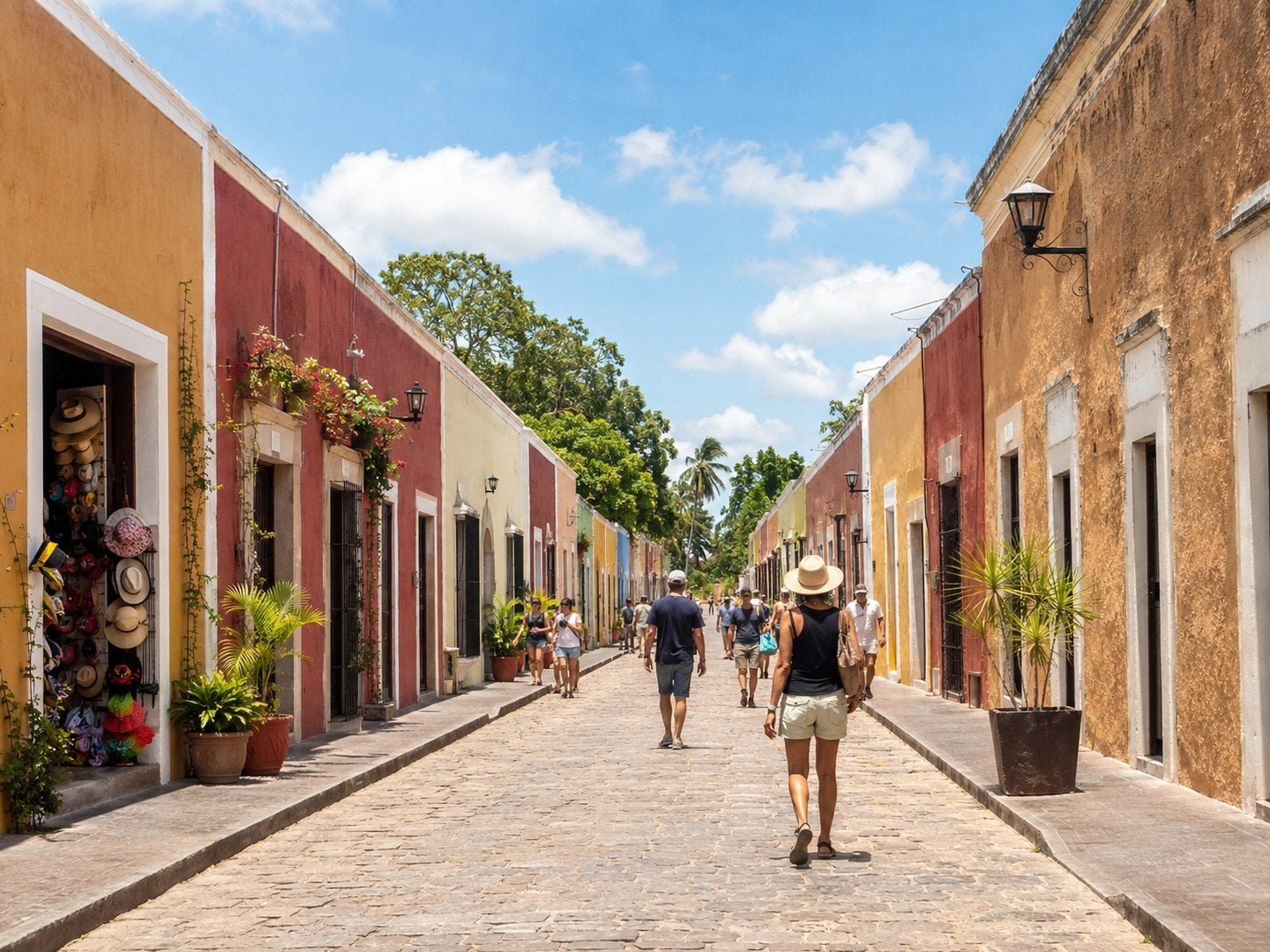 Calzada de los Frailes leading through colorful historic façades toward the former Convent of San Bernardino de Siena.