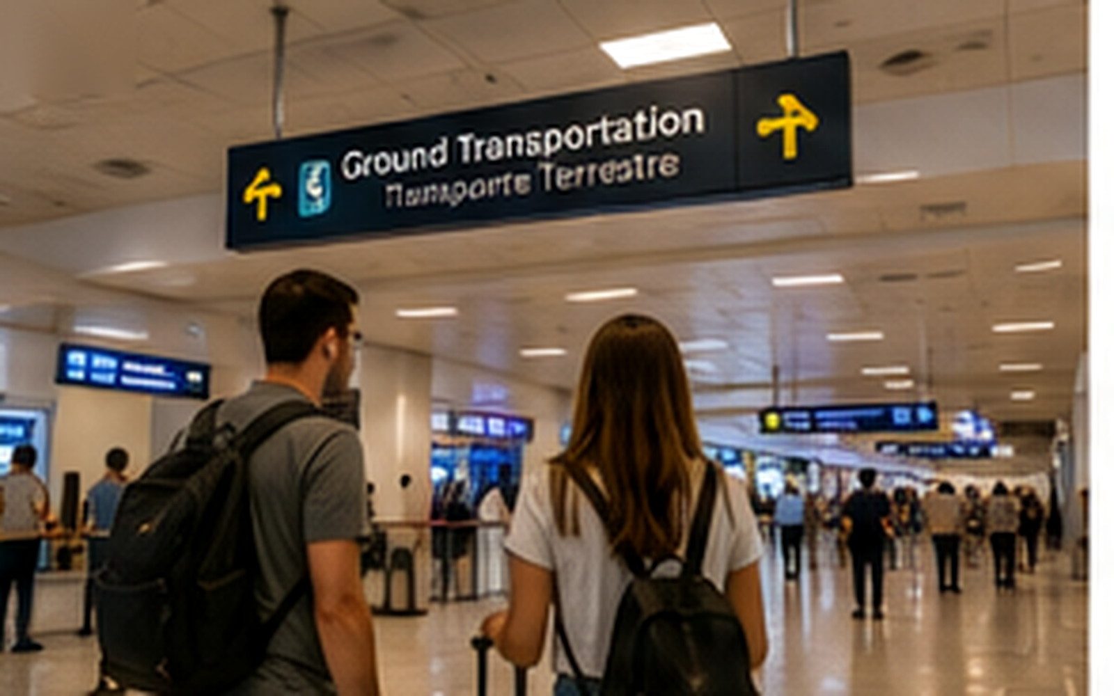 Travelers reviewing ground-transportation signs at Cancún International Airport.