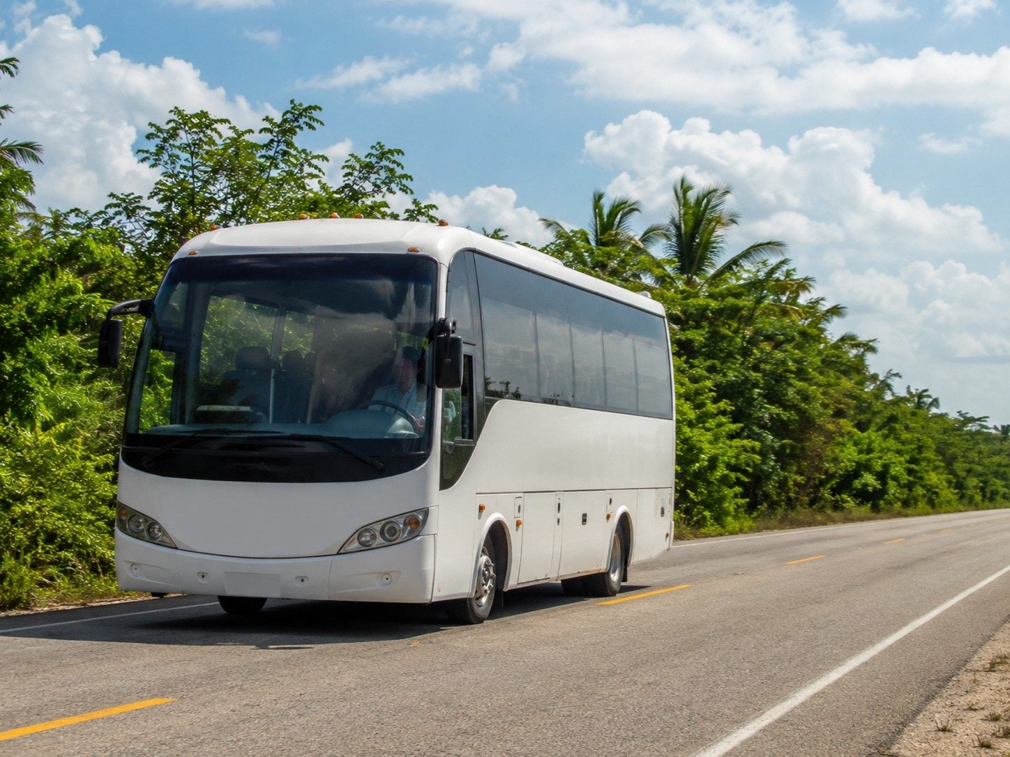 A passenger vehicle traveling on Highway 307 near the Puerto Morelos access road.