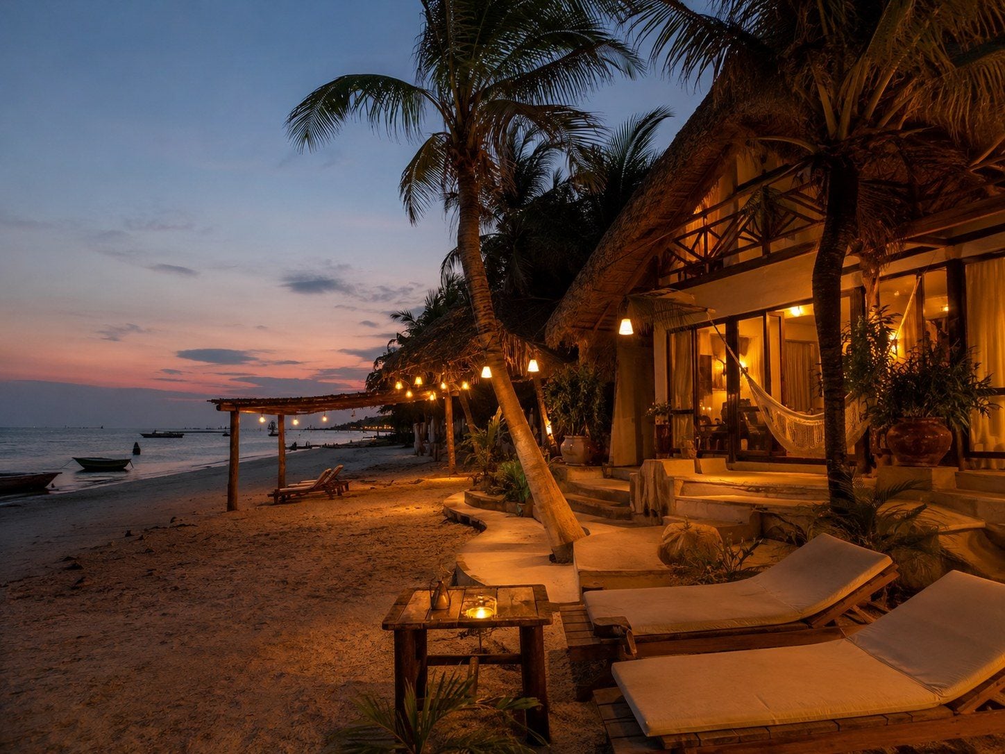Evening Holbox beach scene at sunset illustrating the advantage of an overnight stay.