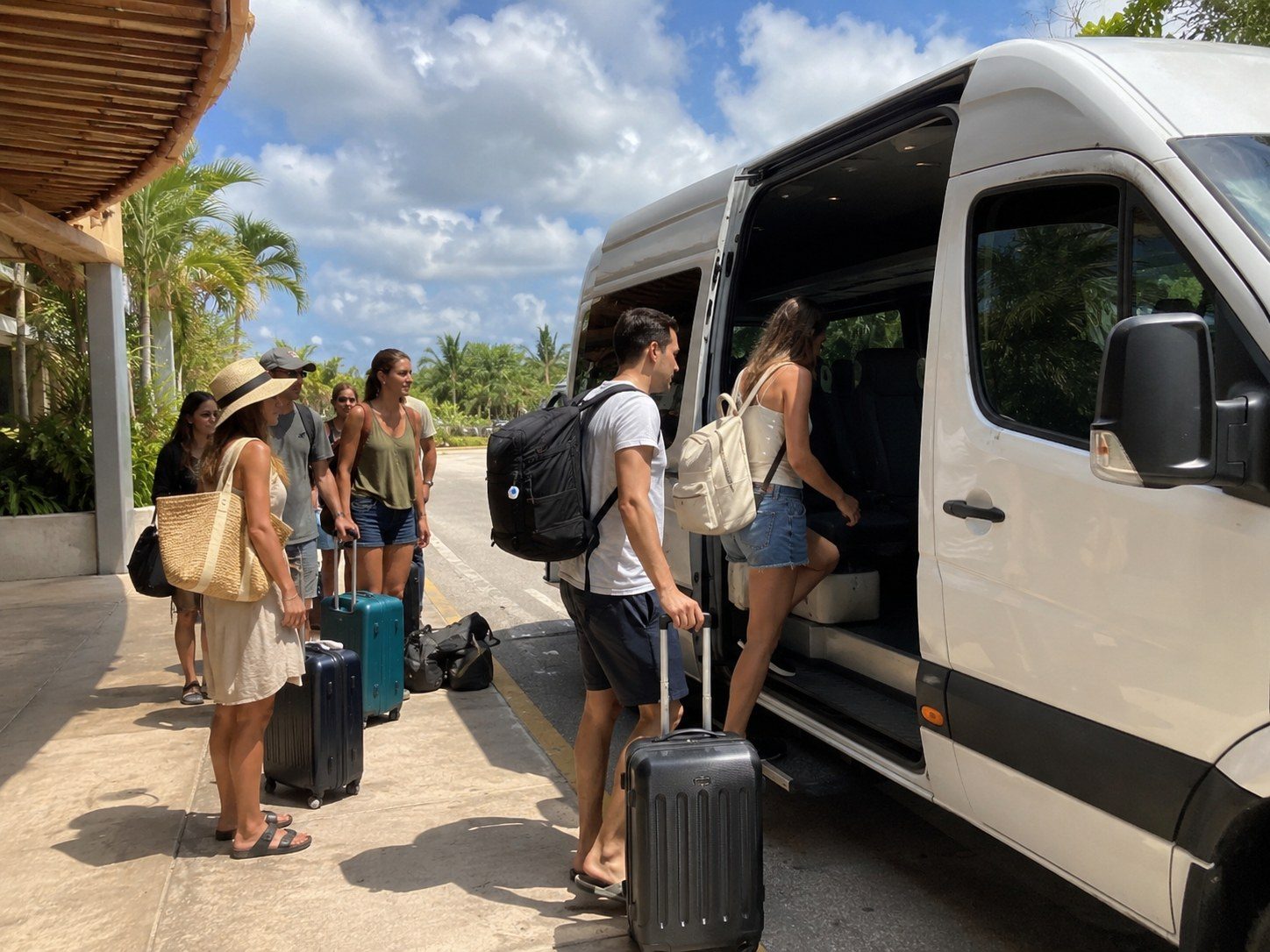 Travelers with luggage preparing to board transportation from Cancún toward Chiquilá.