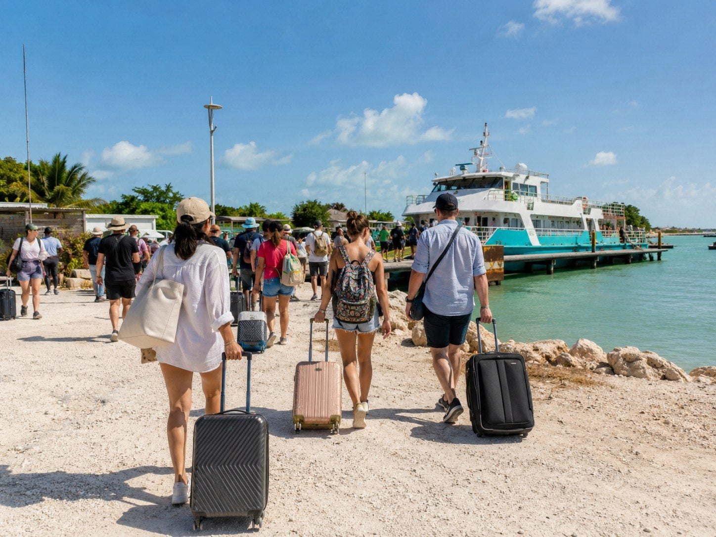Passengers arriving at the Chiquilá ferry dock with luggage.