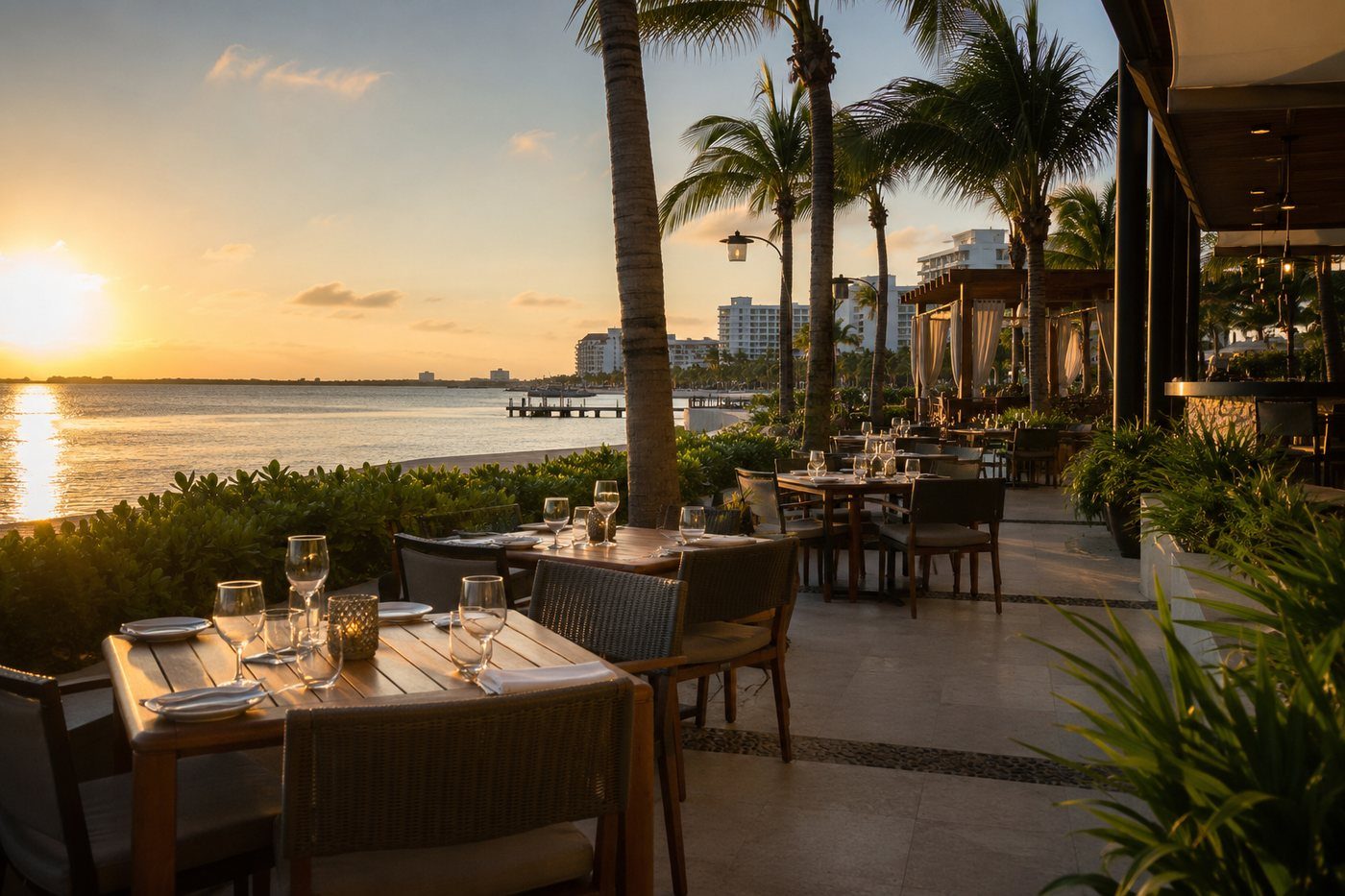 Lagoon-side dining in the Cancún Hotel Zone at sunset.