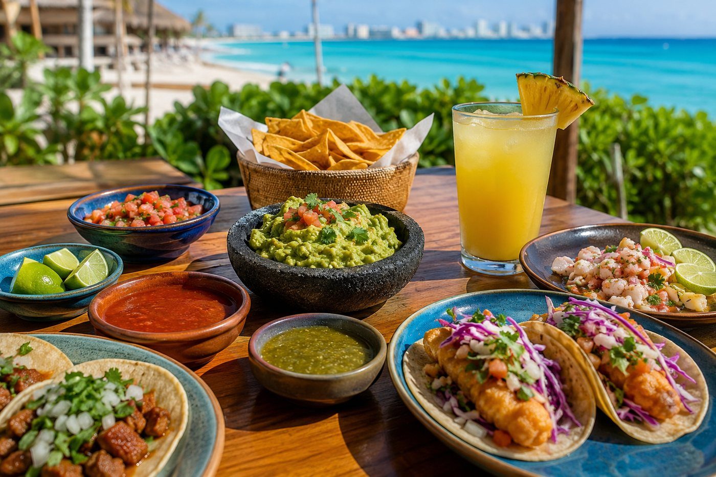 A table of colorful Mexican and Caribbean dishes at a Cancún restaurant.