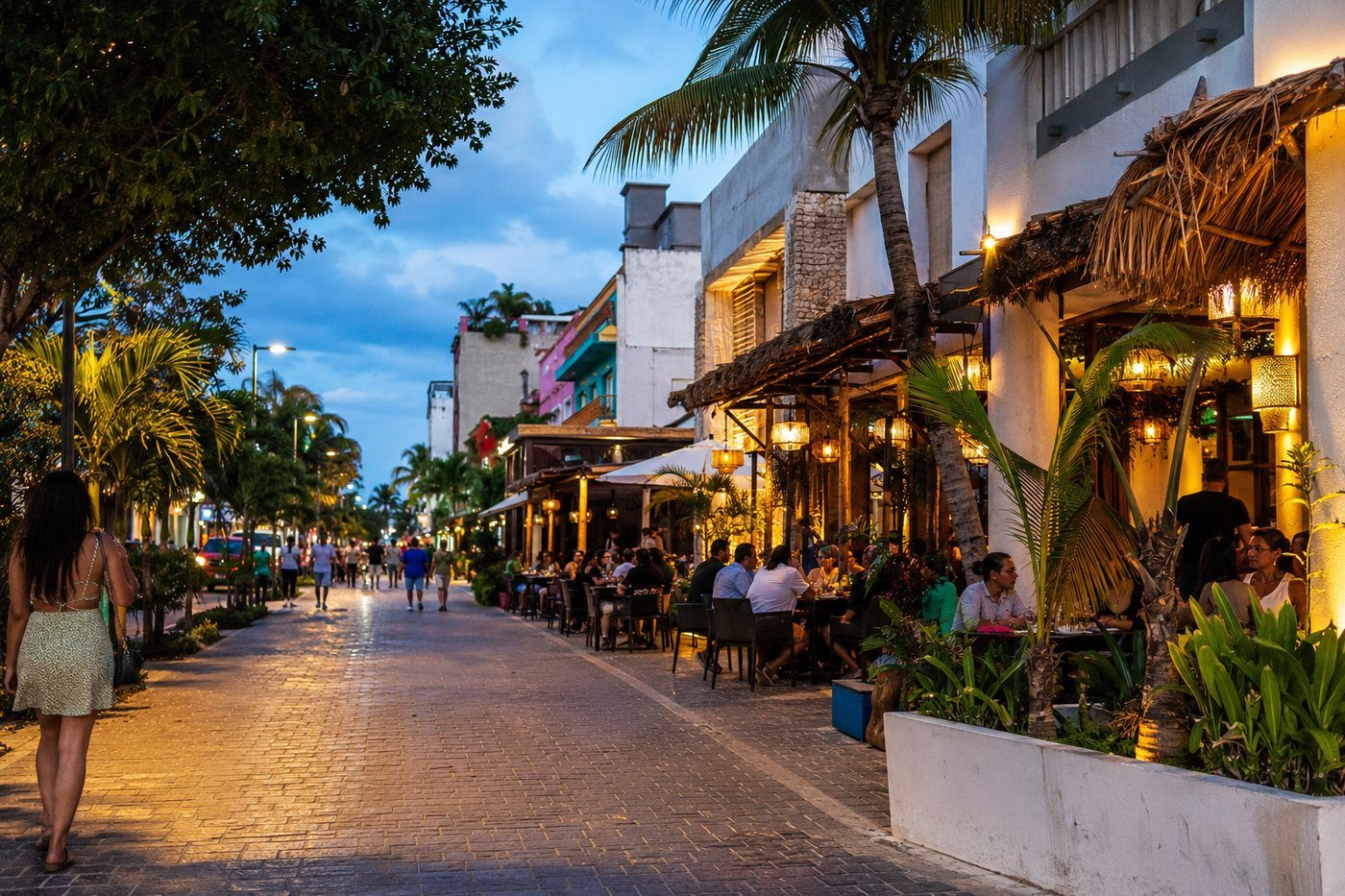 A Cancún street with several restaurants, cafés and evening diners.