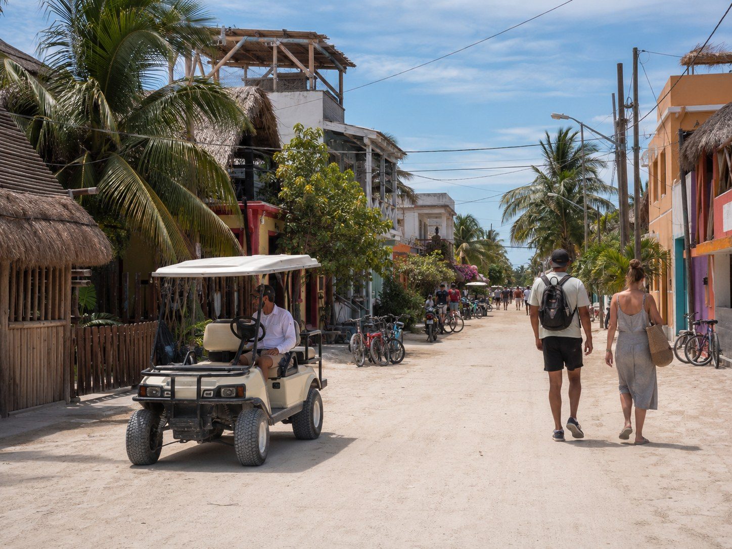 Wide view of Holbox town, sandy streets and bicycles near the main plaza.