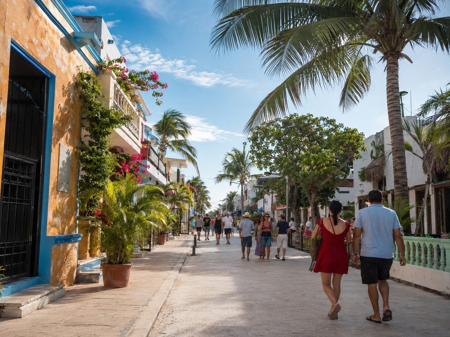 Travelers walking around the Puerto Morelos plaza in the early evening near restaurants and the waterfront.