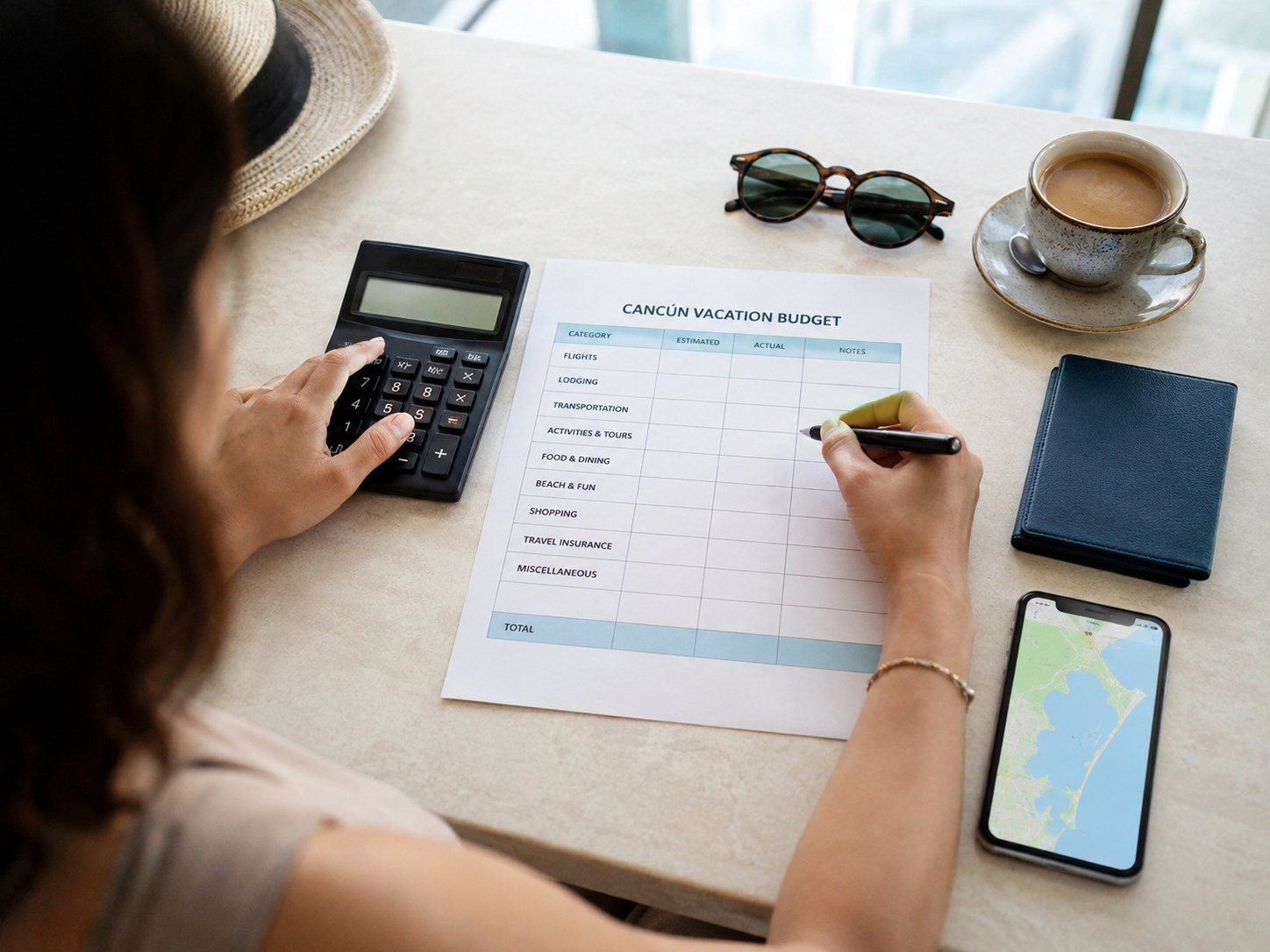 Traveler completing a Cancún vacation budget worksheet with a calculator and phone map.