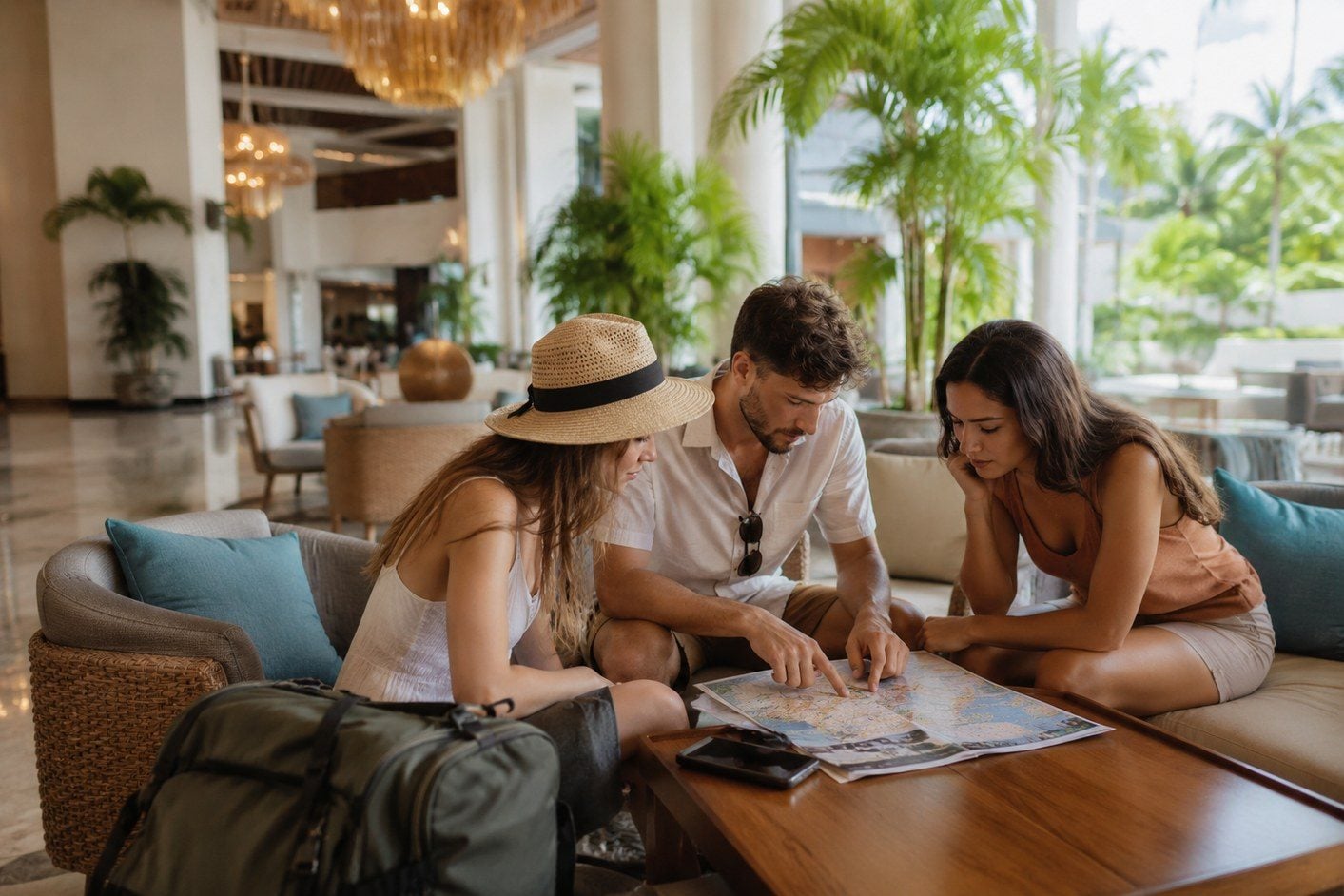 Three travelers reviewing a paper map and planning their Cancún trip together in a resort lobby.