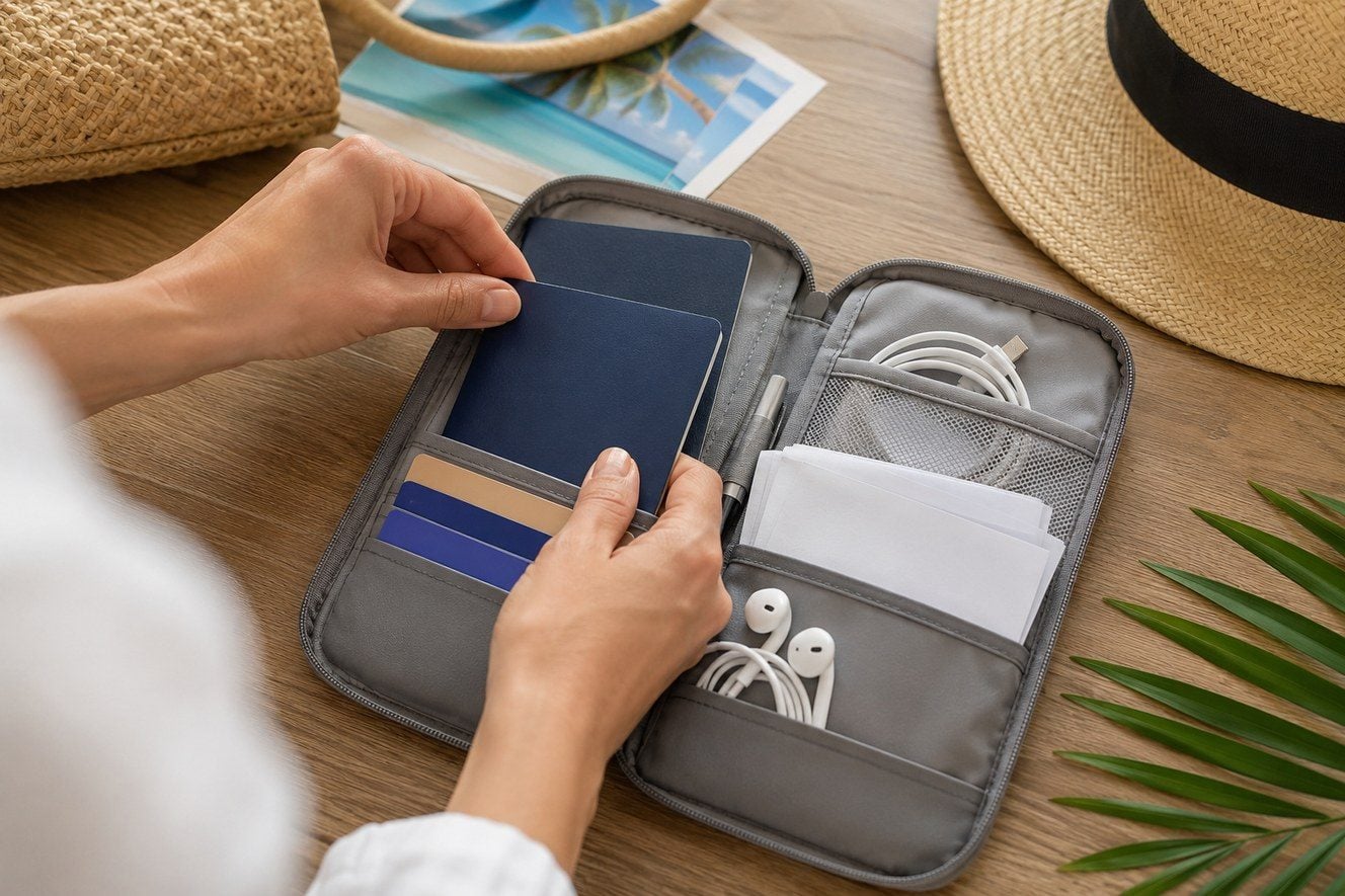 Traveler organizing passports, payment cards, charging cables and documents in a travel wallet.
