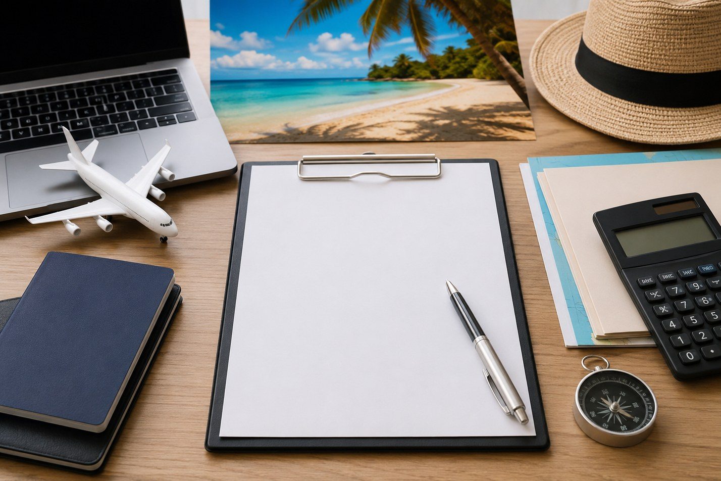 Travel planning desk with a calculator, blank clipboard, pen, model airplane and beach photograph.
