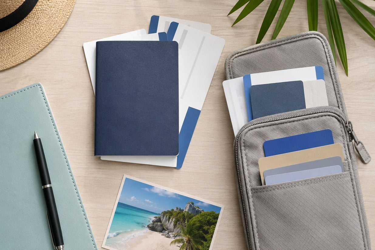 Travel documents and cards arranged in an open organizer beside a notebook and tropical beach photograph.