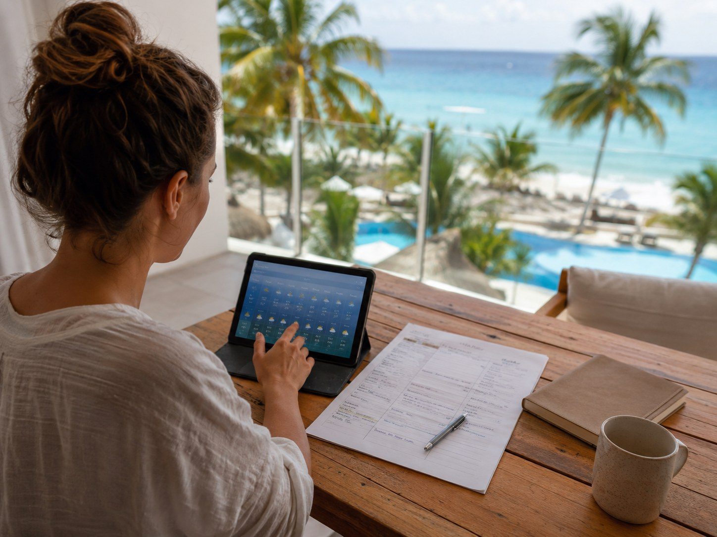Traveler checking a weather forecast on a tablet while reviewing a flexible Cancún itinerary.