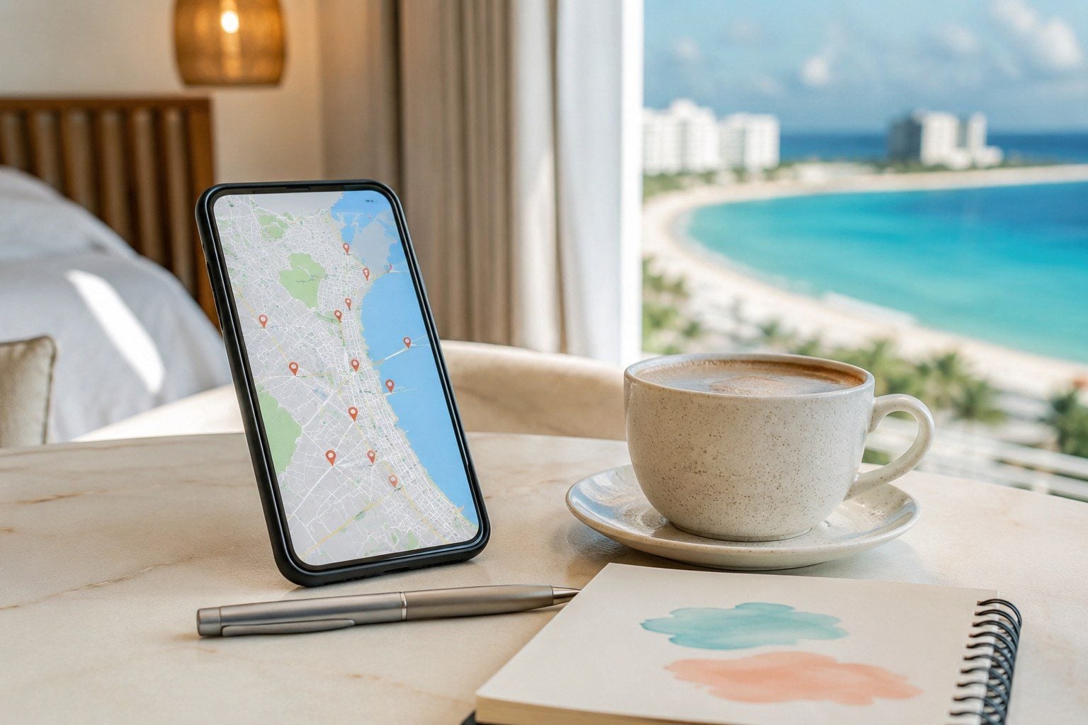 Phone with a coastal map beside coffee and a notebook in a Cancún hotel room overlooking the sea.