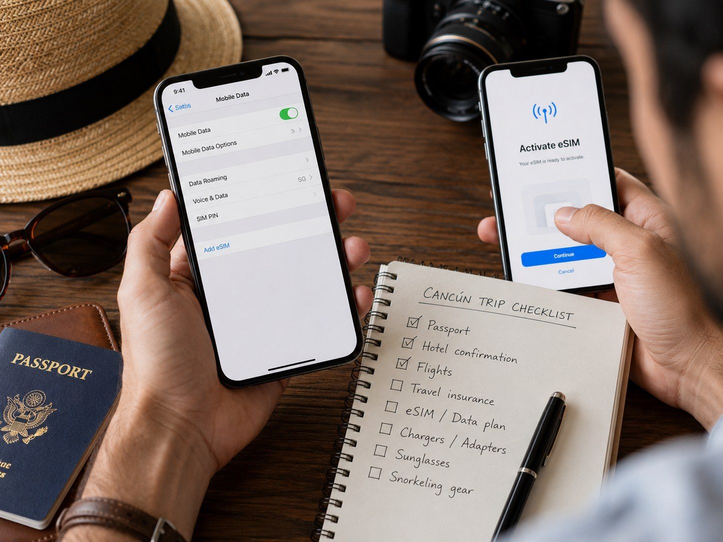 Traveler configuring mobile data and an eSIM on two phones before a Cancún trip.