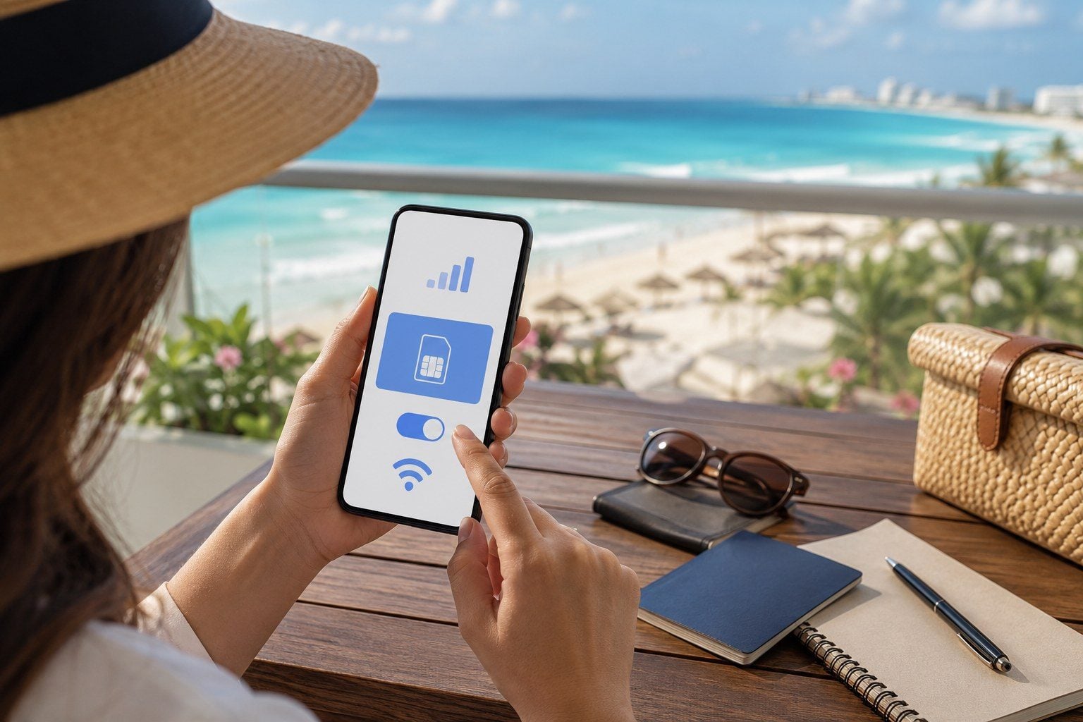 Traveler using a phone with simple connectivity icons on a balcony overlooking Cancún beach.
