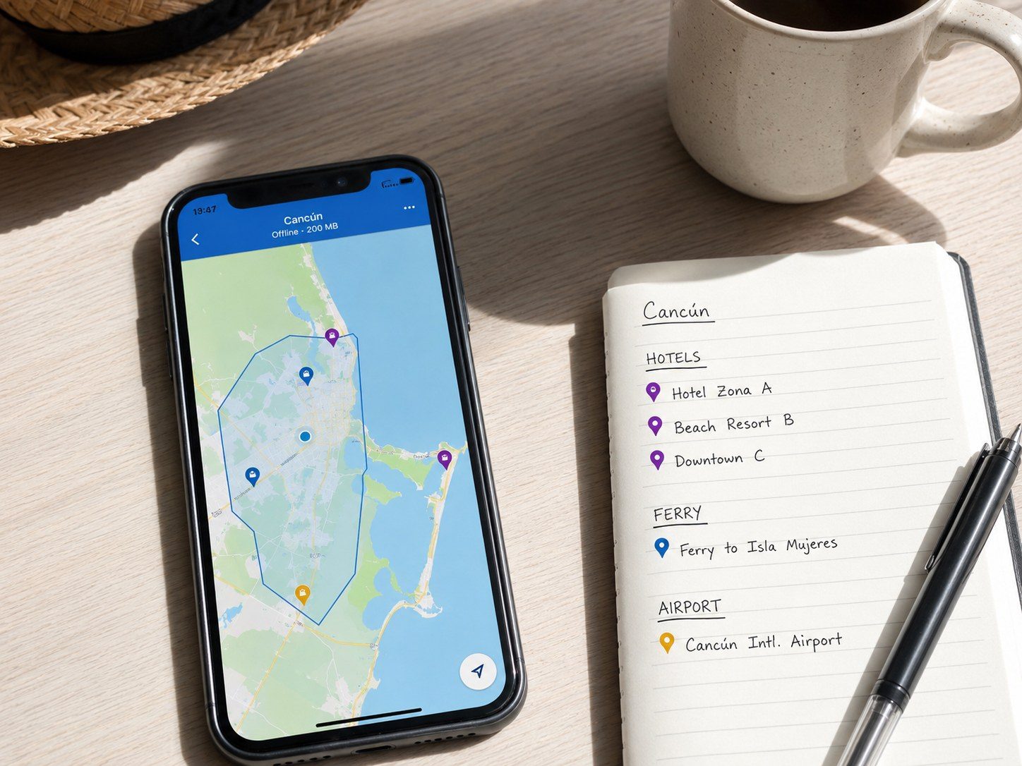 Phone displaying a downloaded Cancún map beside a notebook of saved hotel, ferry and airport locations.
