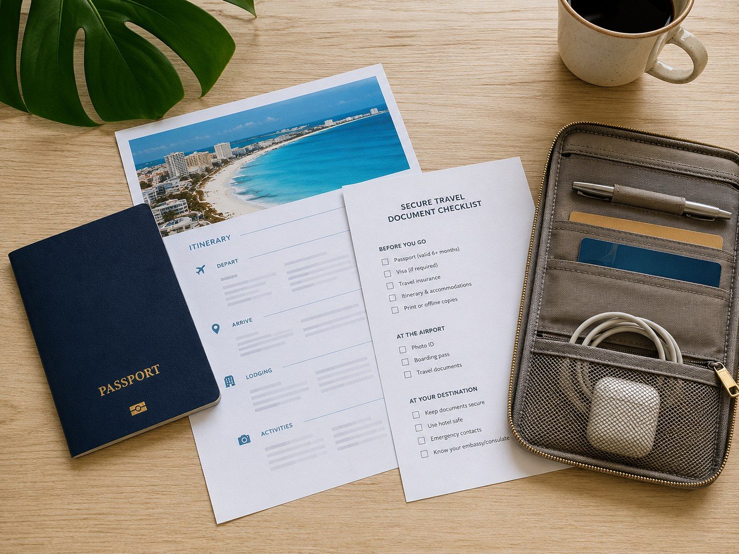 Passport, travel itinerary and document checklist arranged beside a secure travel organizer.