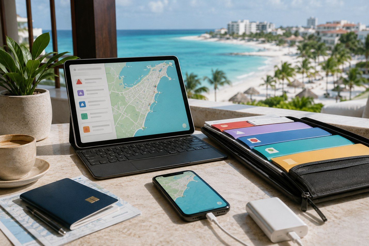 Tablet and phone maps beside color-coded document folders, passport and power bank at a resort workspace.