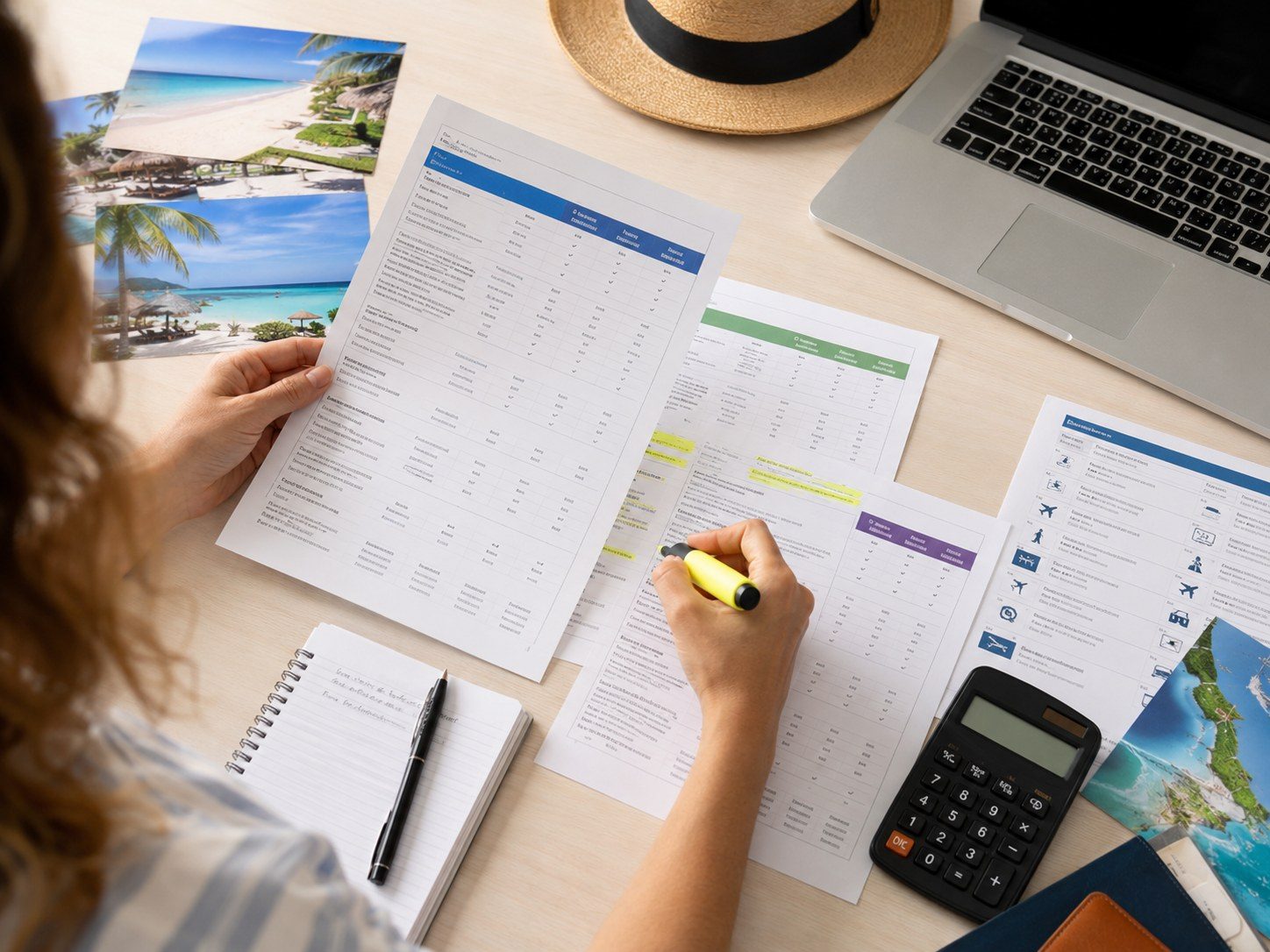 Traveler comparing detailed travel insurance and coverage documents with a calculator and notes.