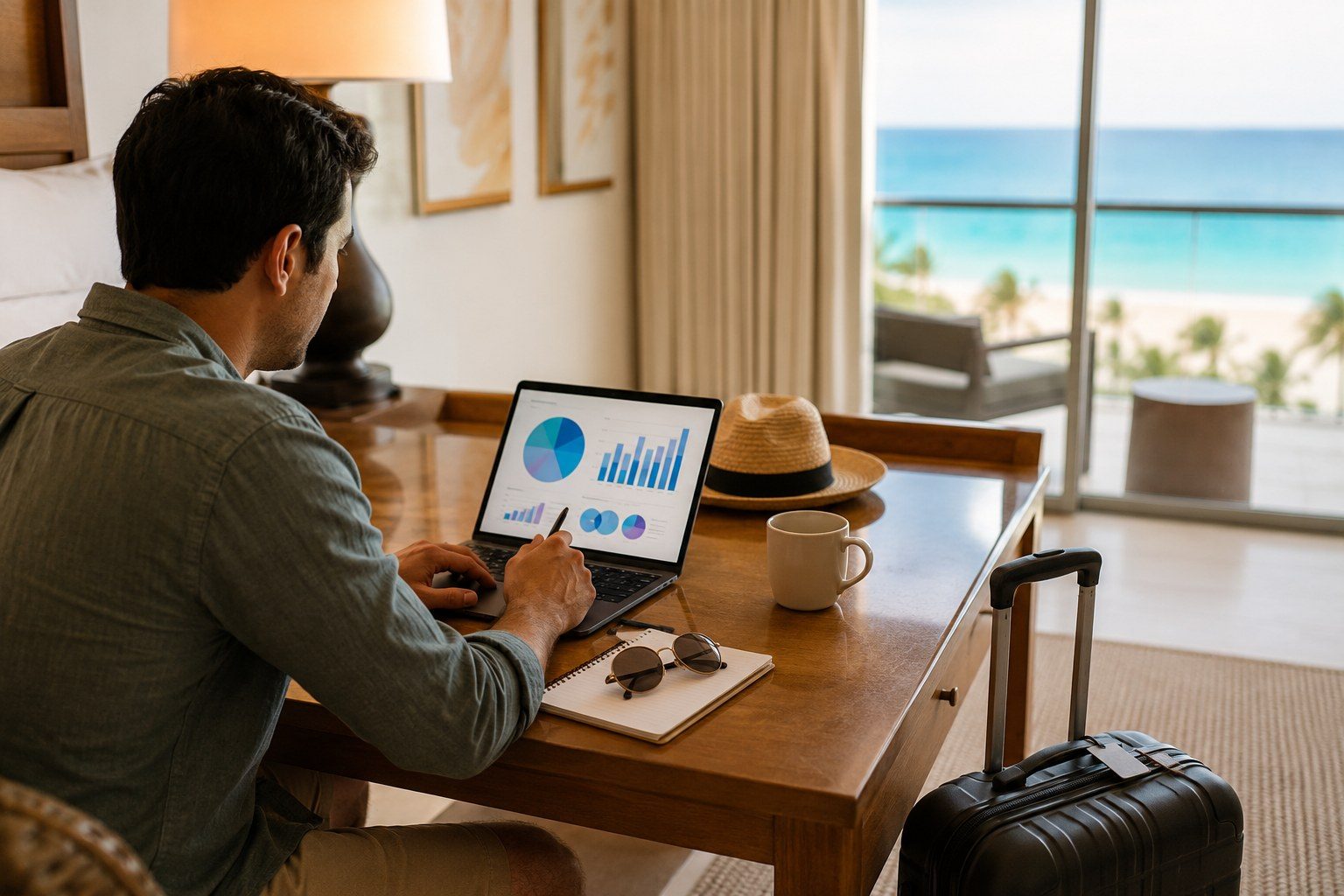 Traveler reviewing financial charts on a laptop at a Cancún hotel with luggage nearby.