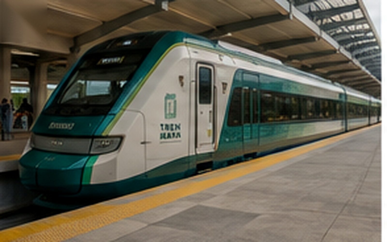 A Tren Maya train at a modern station serving the Tulum travel corridor.