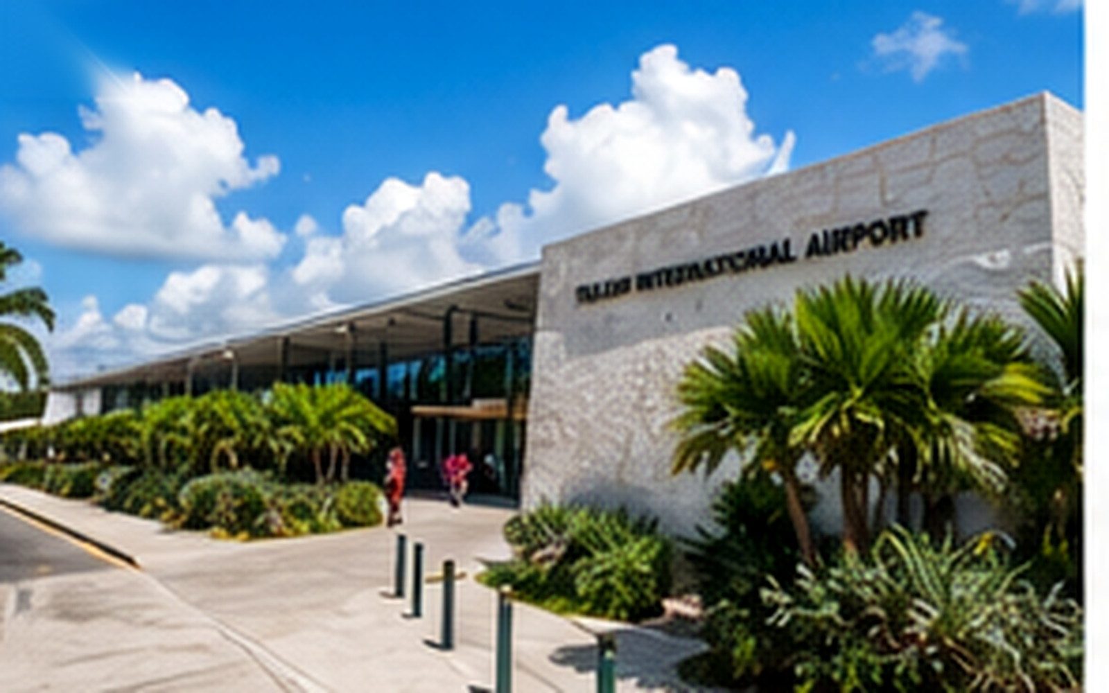 The arrivals exterior at Tulum International Airport with ground transportation nearby.