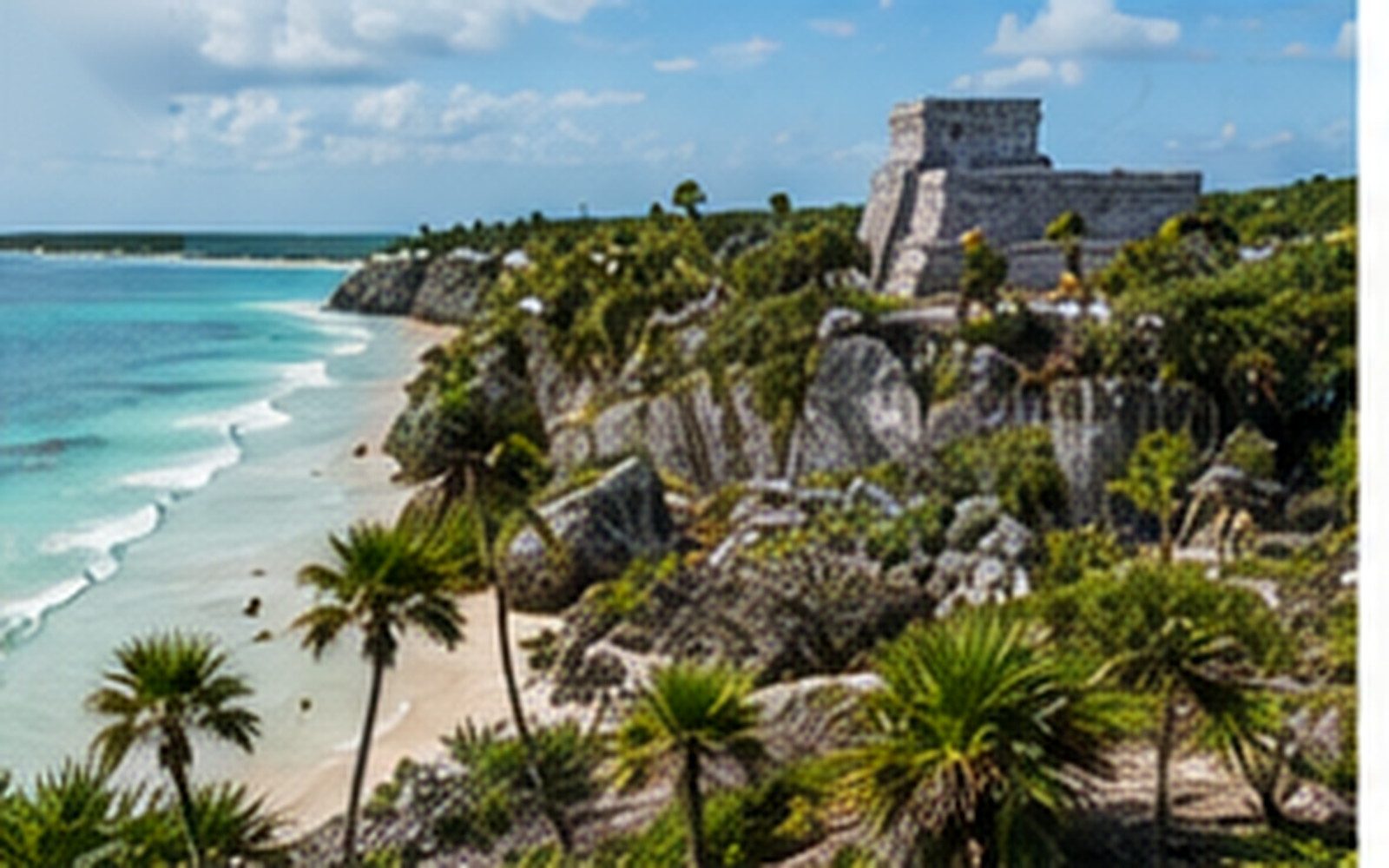 The Tulum archaeological zone above the Caribbean during a daytime visit.