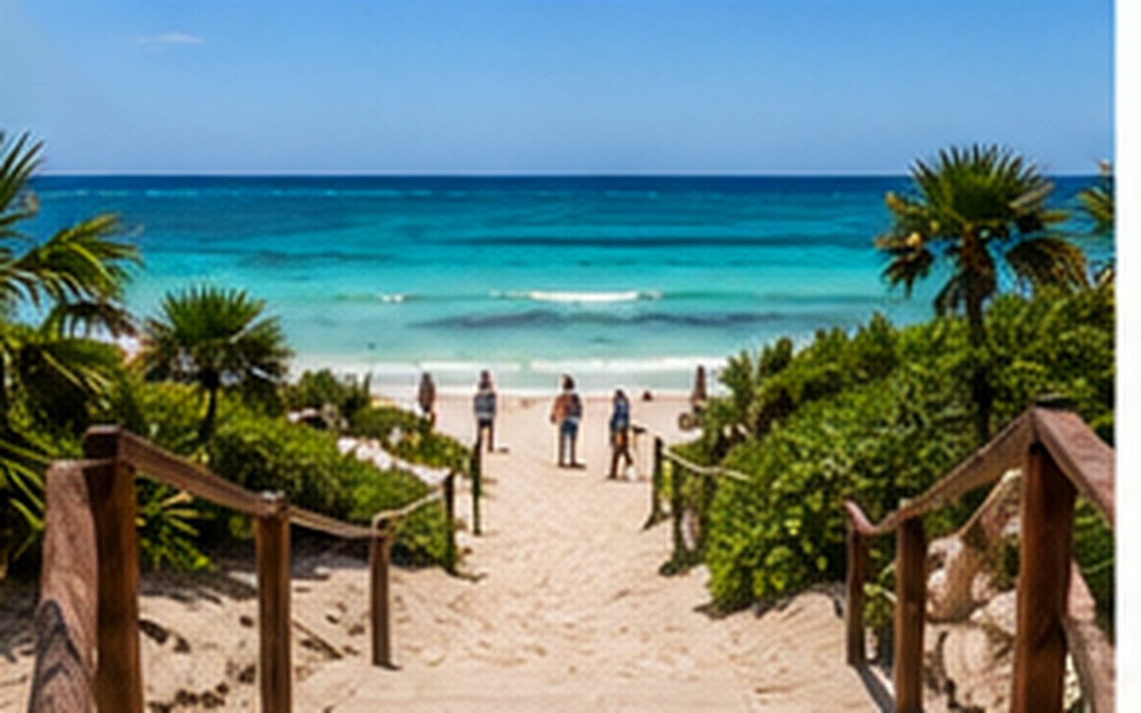 A designated public beach access route leading through protected vegetation in Tulum.