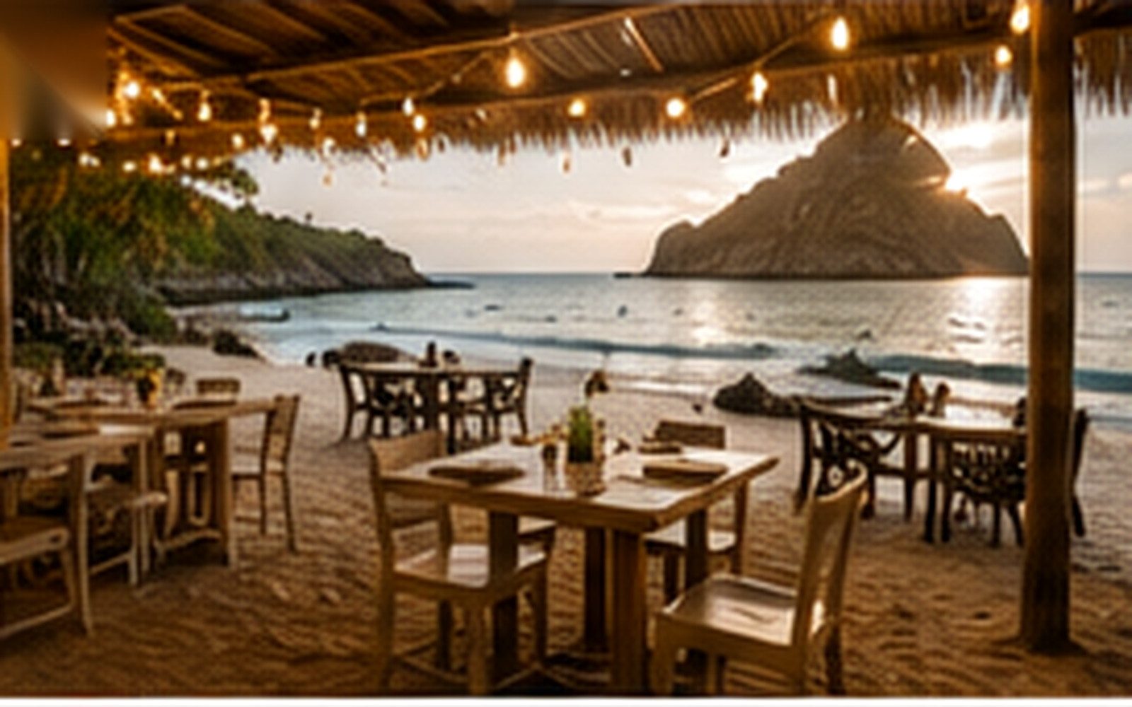 An open-air Tulum beach restaurant beside the Caribbean at sunset.