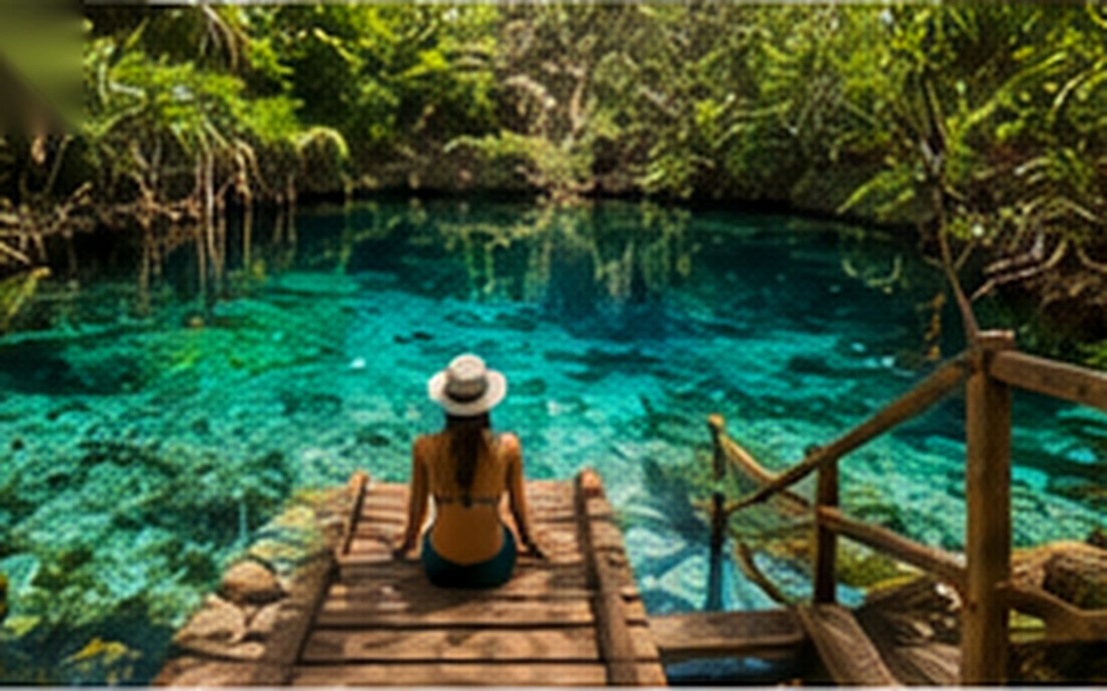 A family visitor beside a clear managed cenote near Tulum.