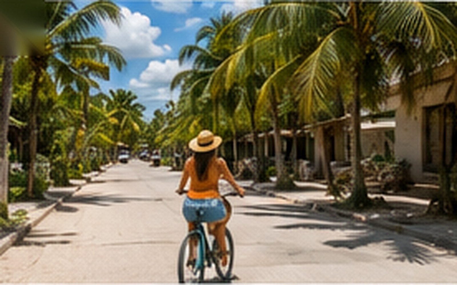 A traveler using a bicycle on a daytime street in Tulum.